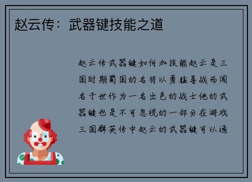 赵云传:武器键技能之道