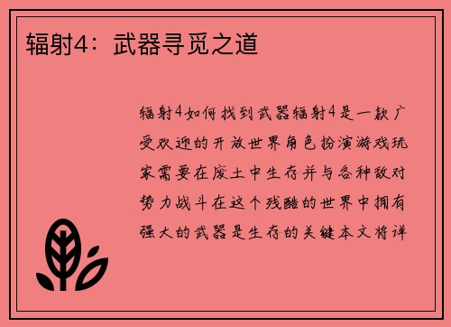 辐射4：武器寻觅之道